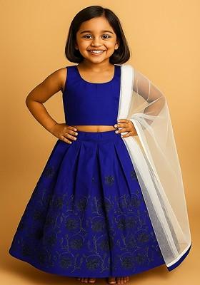 Blue Embellished Blended Lehenga Choli For Girls