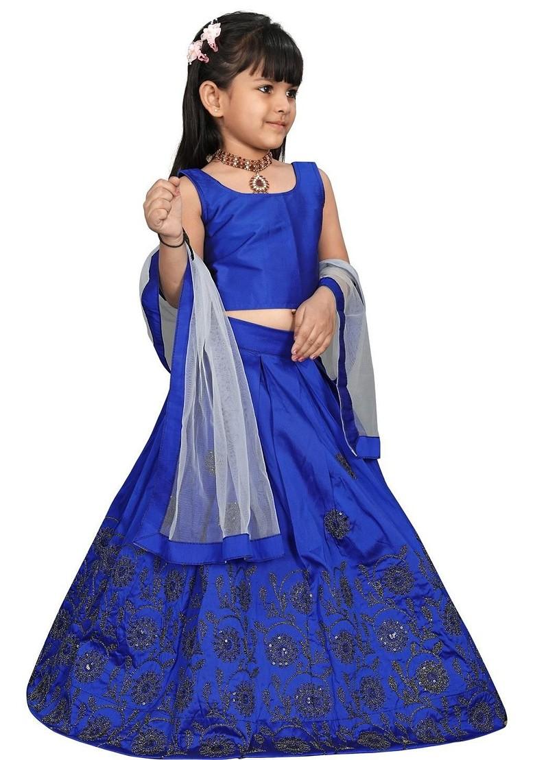 Blue Embellished Blended Lehenga Choli For Girls - Indya