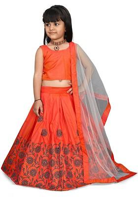Orange Embroidered Blended Lehenga Choli For Girls