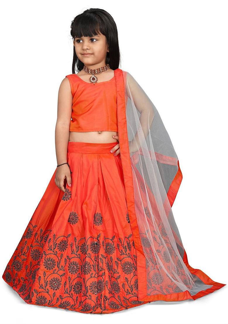 Orange Embroidered Blended Lehenga Choli For Girls - Indya
