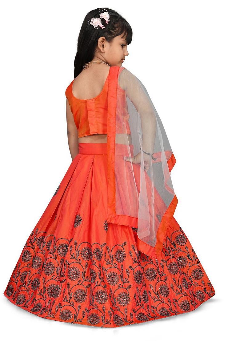 Orange Embroidered Blended Lehenga Choli For Girls - Indya