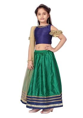 Navy Blue Embroidered Blended Lehenga Choli For Girls