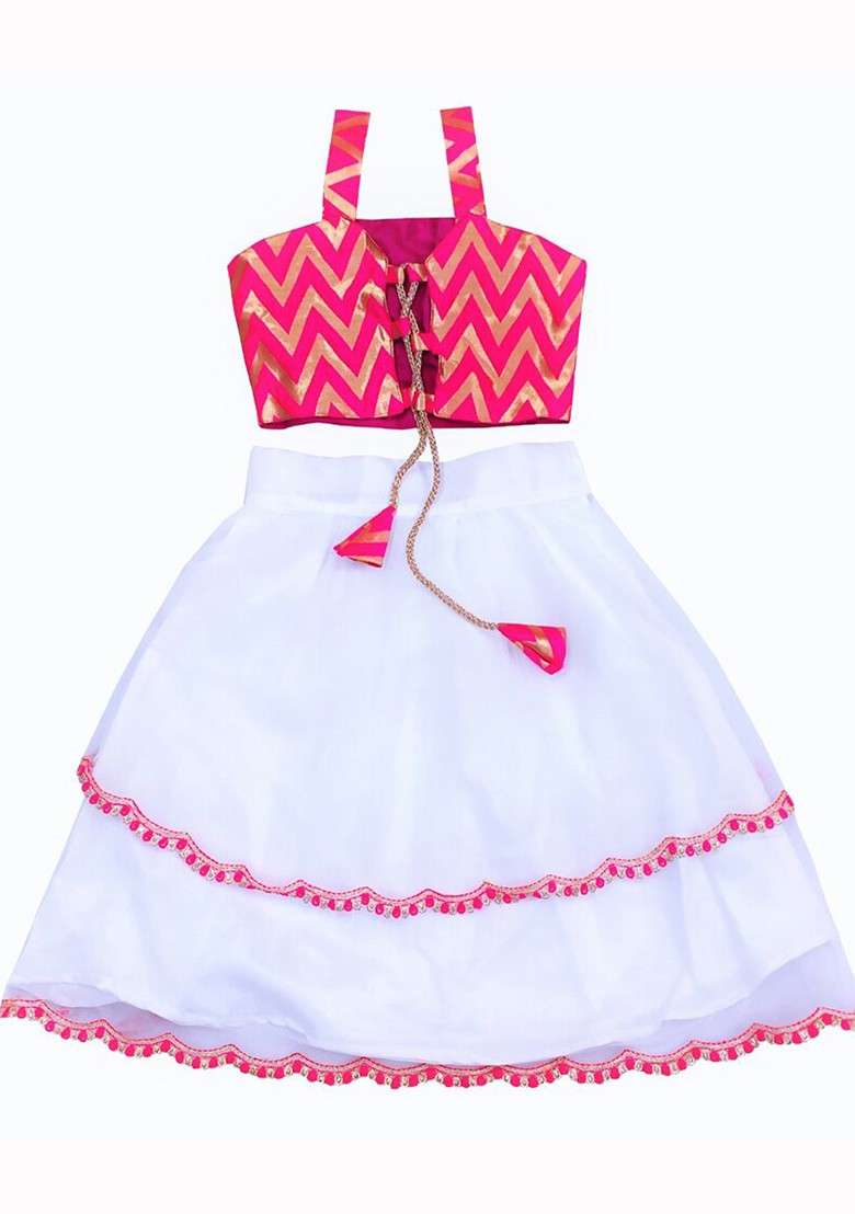 White Printed Blended Lehenga Choli For Girls - Indya