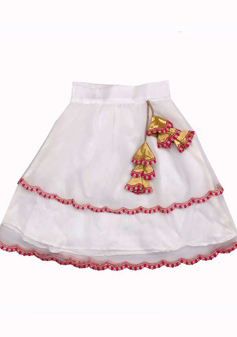White Printed Blended Lehenga Choli For Girls - Indya