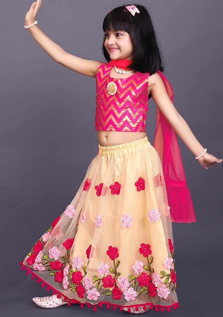 Beige Printed Blended Lehenga Choli For Girls - Indya