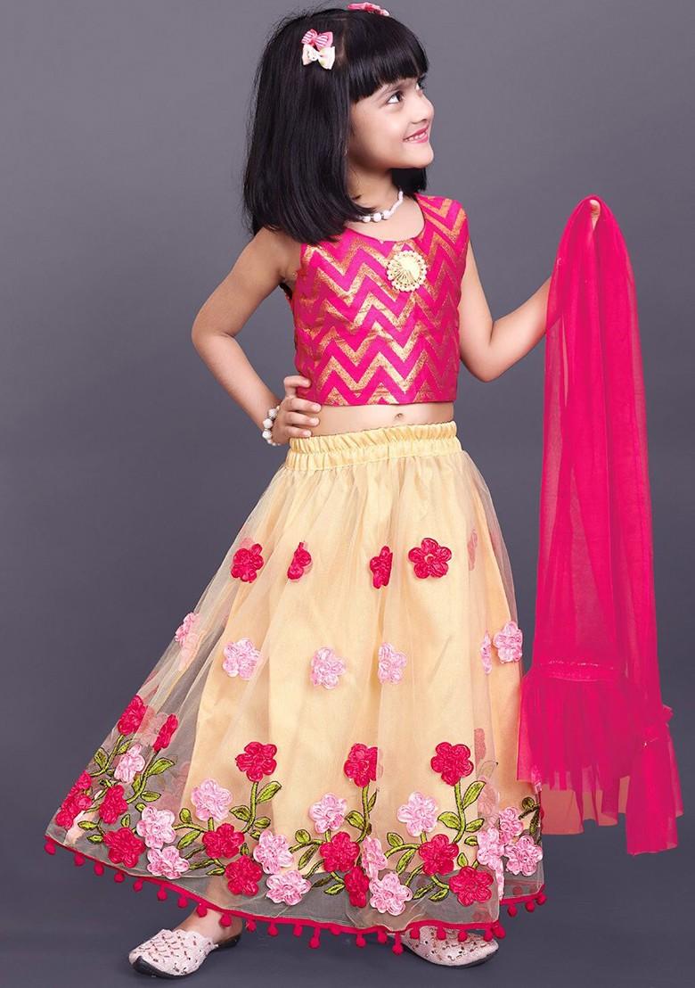 Beige Printed Blended Lehenga Choli For Girls - Indya