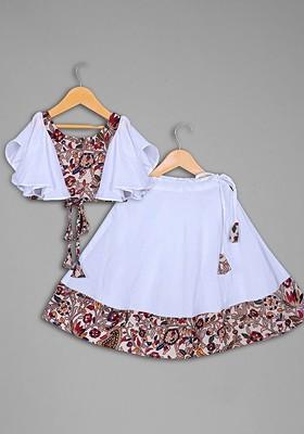 White Printed Blended Lehenga Choli For Girls