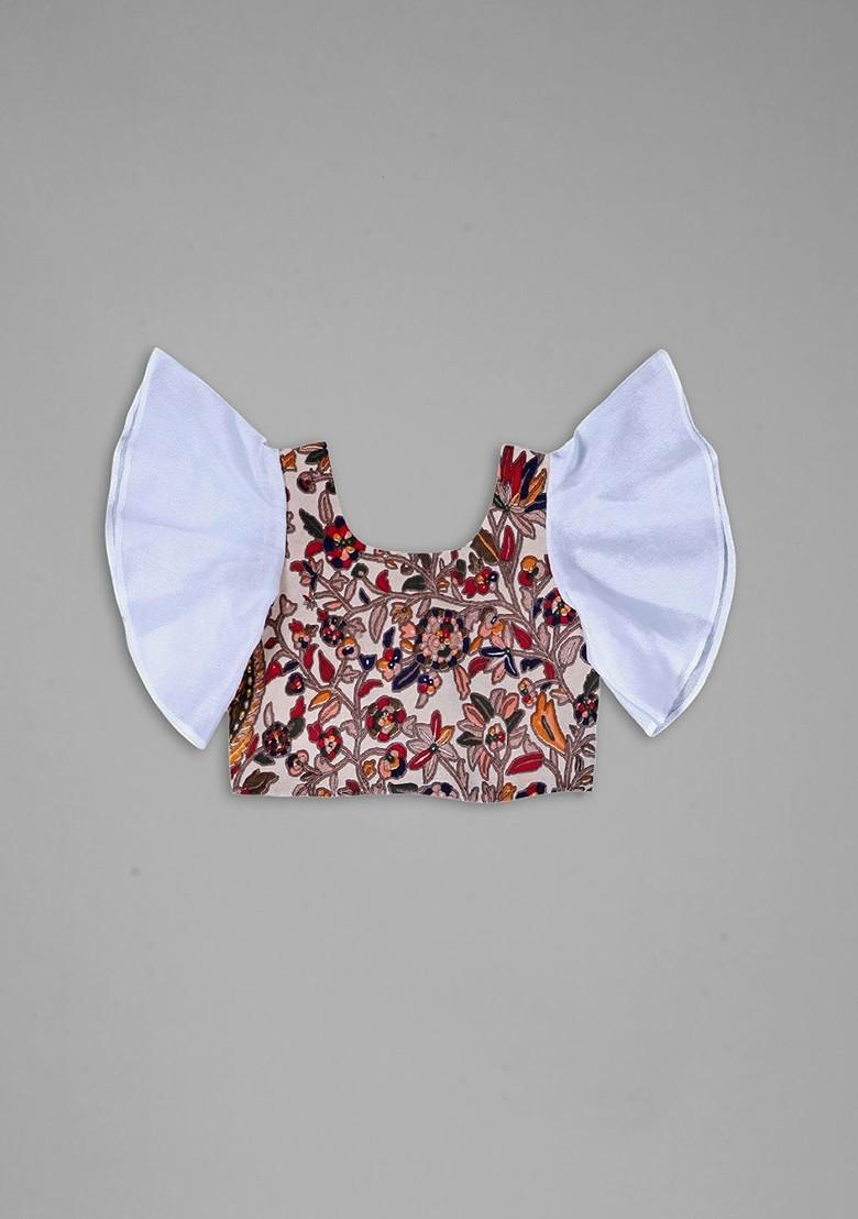 White Printed Blended Lehenga Choli For Girls - Indya