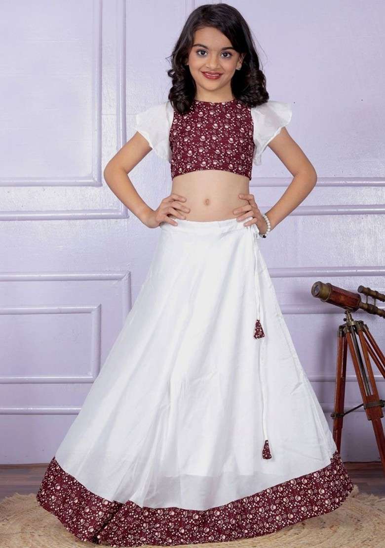 Maroon Printed Blended Lehenga Choli For Girls - Indya