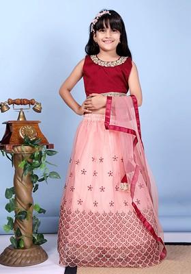 Peach Embroidered Net Lehenga Choli For Girls
