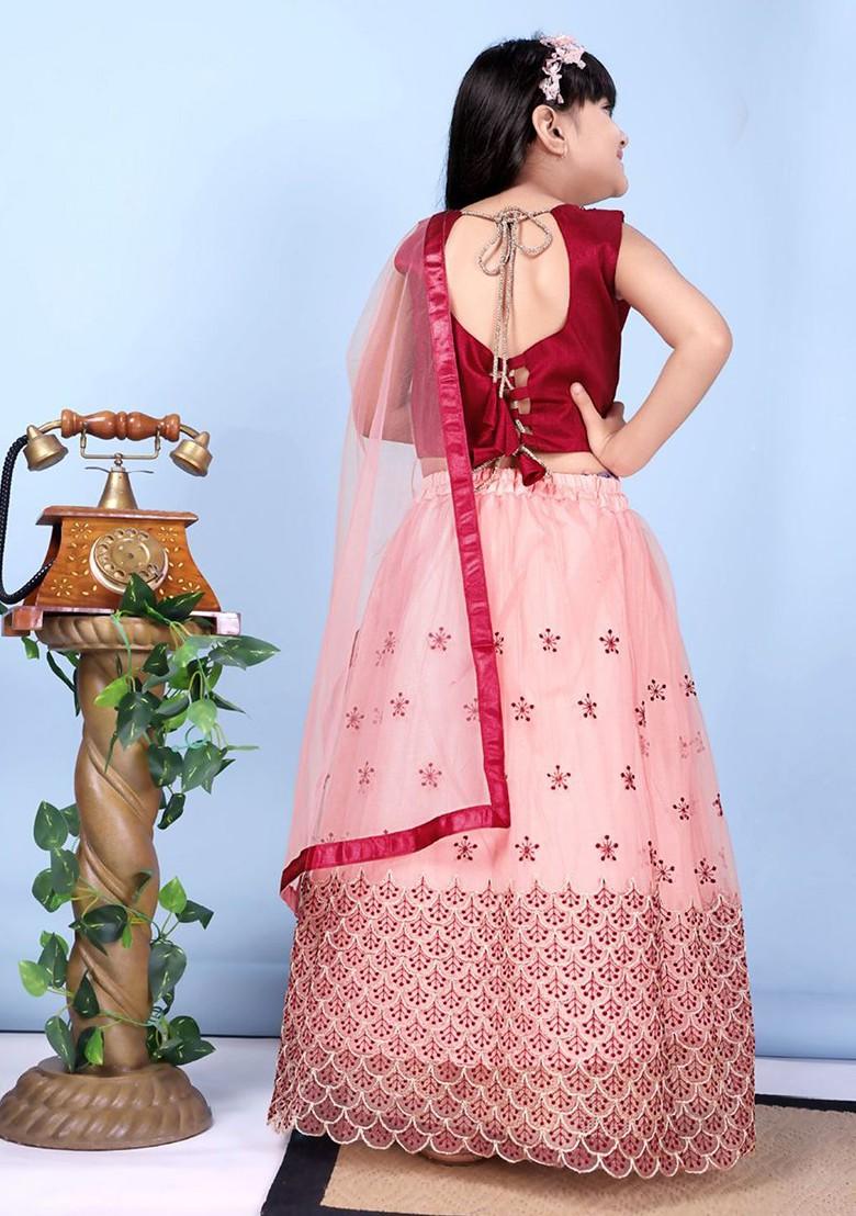 Peach Embroidered Net Lehenga Choli For Girls - Indya