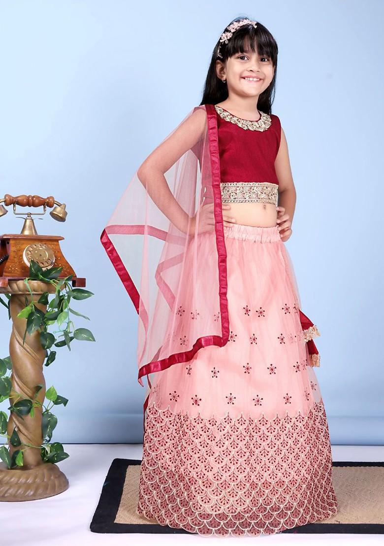 Peach Embroidered Net Lehenga Choli For Girls - Indya