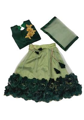 Green Embellished Blended Lehenga Choli For Girls