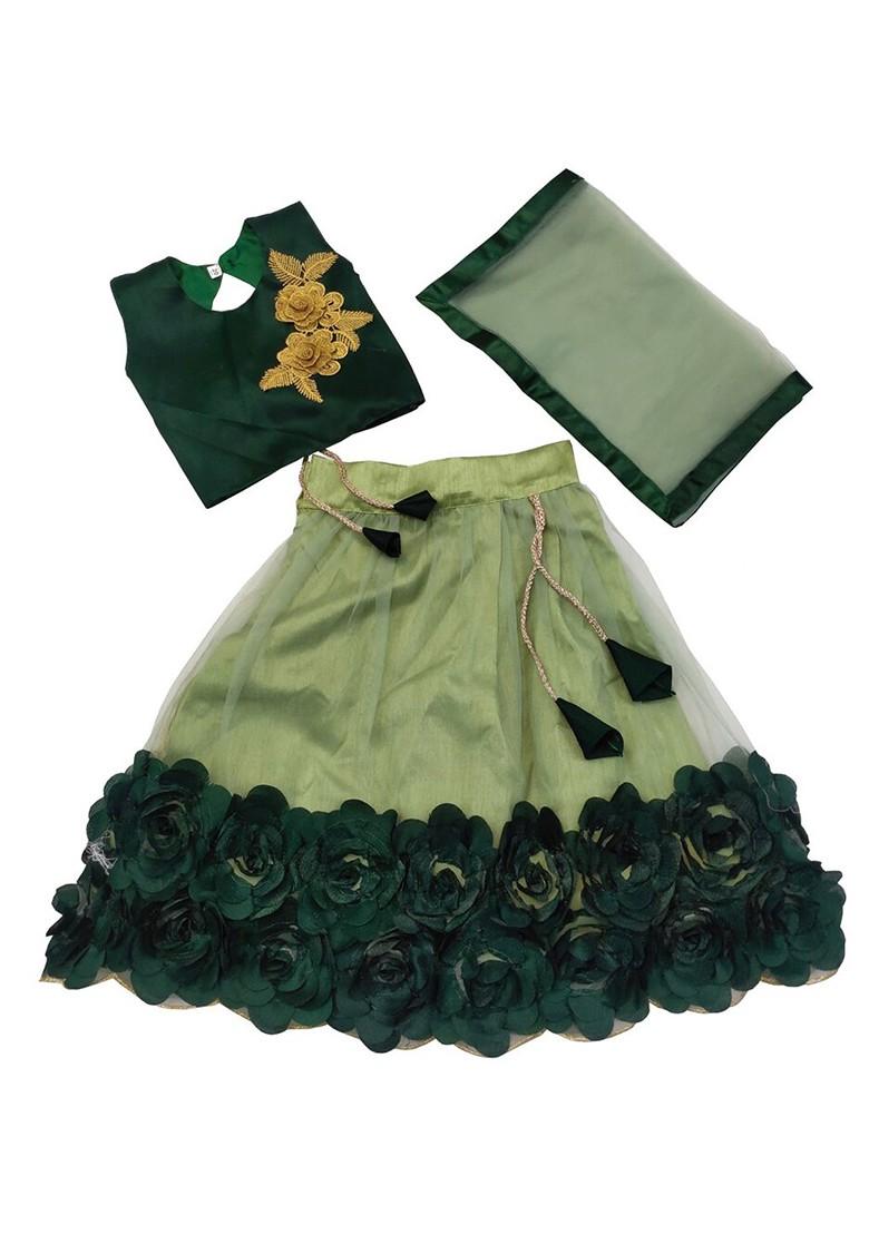 Green Embellished Blended Lehenga Choli For Girls - Indya