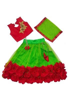 Lime Green Embellished Blended Lehenga Choli For Girls