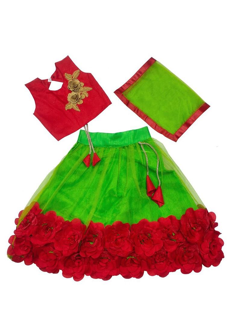 Lime Green Embellished Blended Lehenga Choli For Girls - Indya