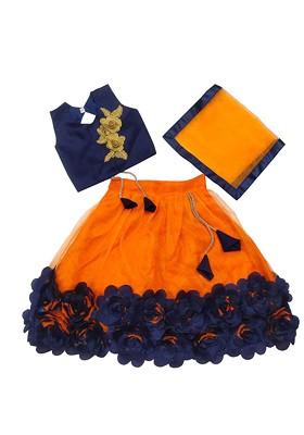 Orange Embroidered Blended Lehenga Choli For Girls