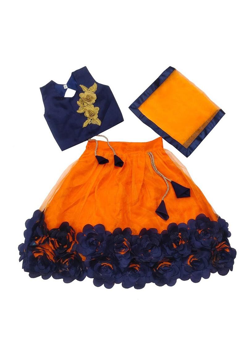 Orange Embroidered Blended Lehenga Choli For Girls - Indya
