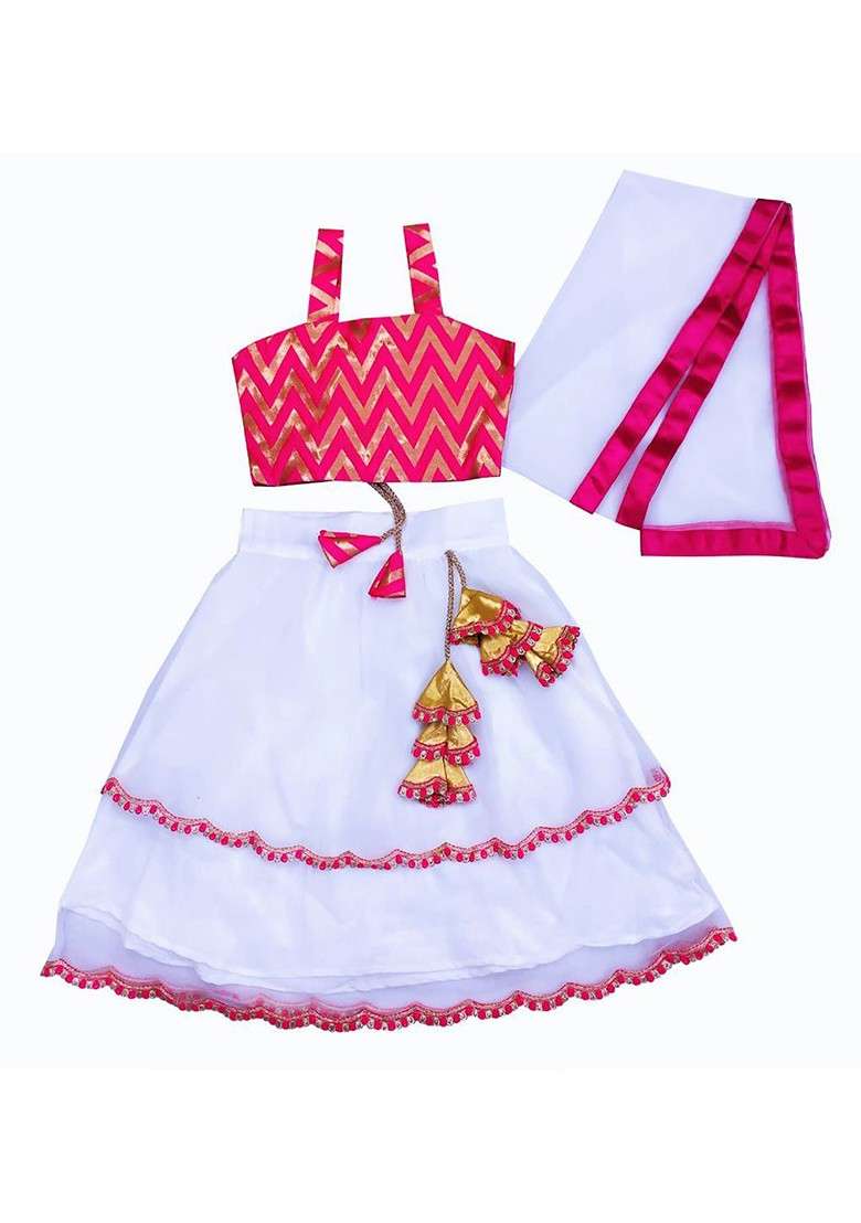 White Embroidered Blended Lehenga Choli For Girls - Indya
