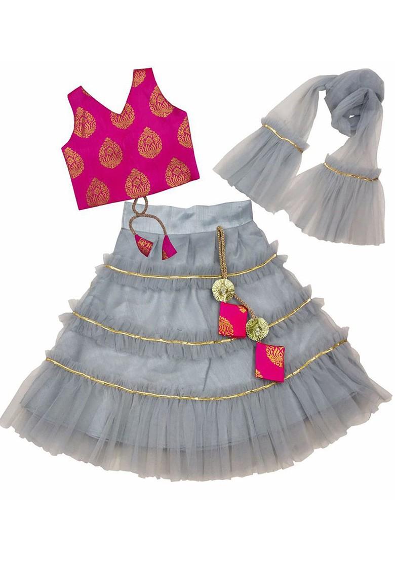 Grey Embroidered Blended Lehenga Choli For Girls - Indya