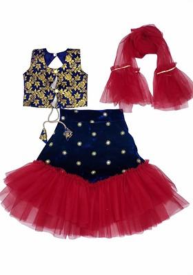 Maroon Embroidered Blended Lehenga Choli For Girls
