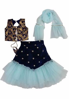 Sea Green Embroidered Blended Lehenga Choli For Girls