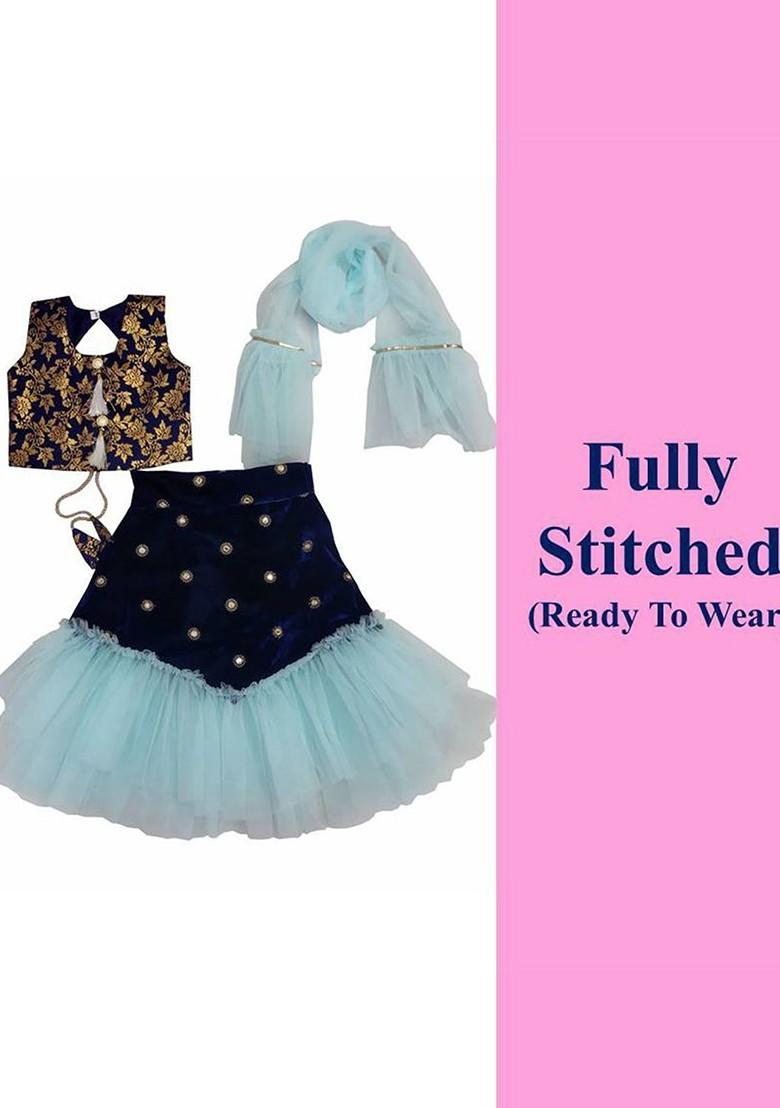 Sea Green Embroidered Blended Lehenga Choli For Girls - Indya