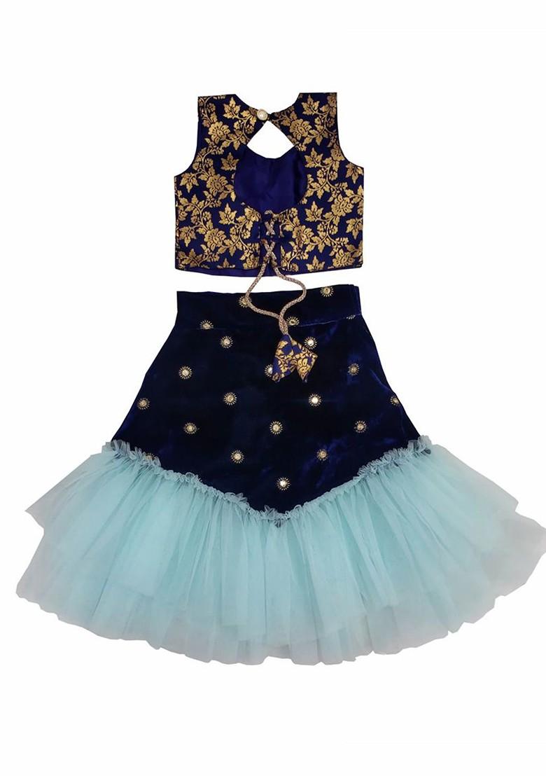 Sea Green Embroidered Blended Lehenga Choli For Girls - Indya