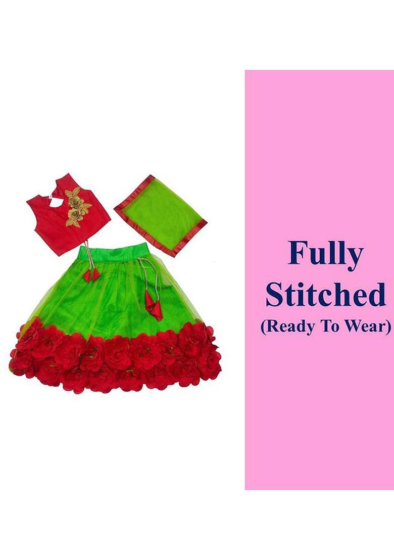 Green Embroidered Net Lehenga Choli For Girls - Indya