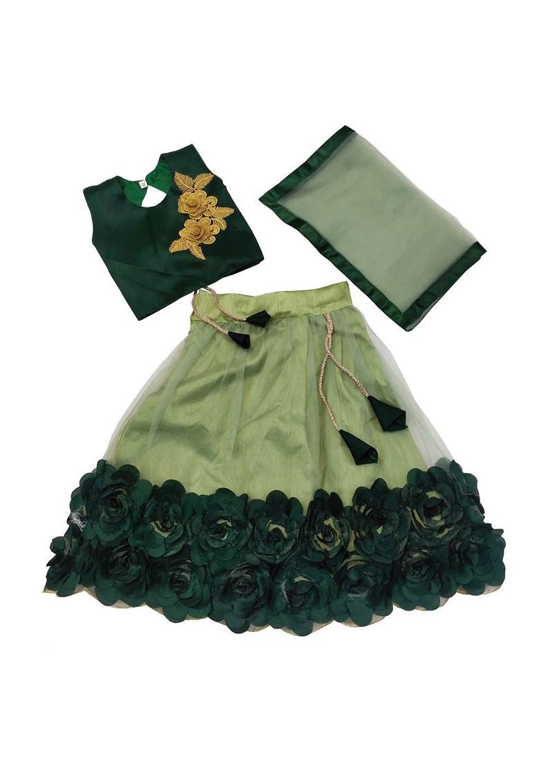 Green Embroidered Net Lehenga Choli For Girls - Indya