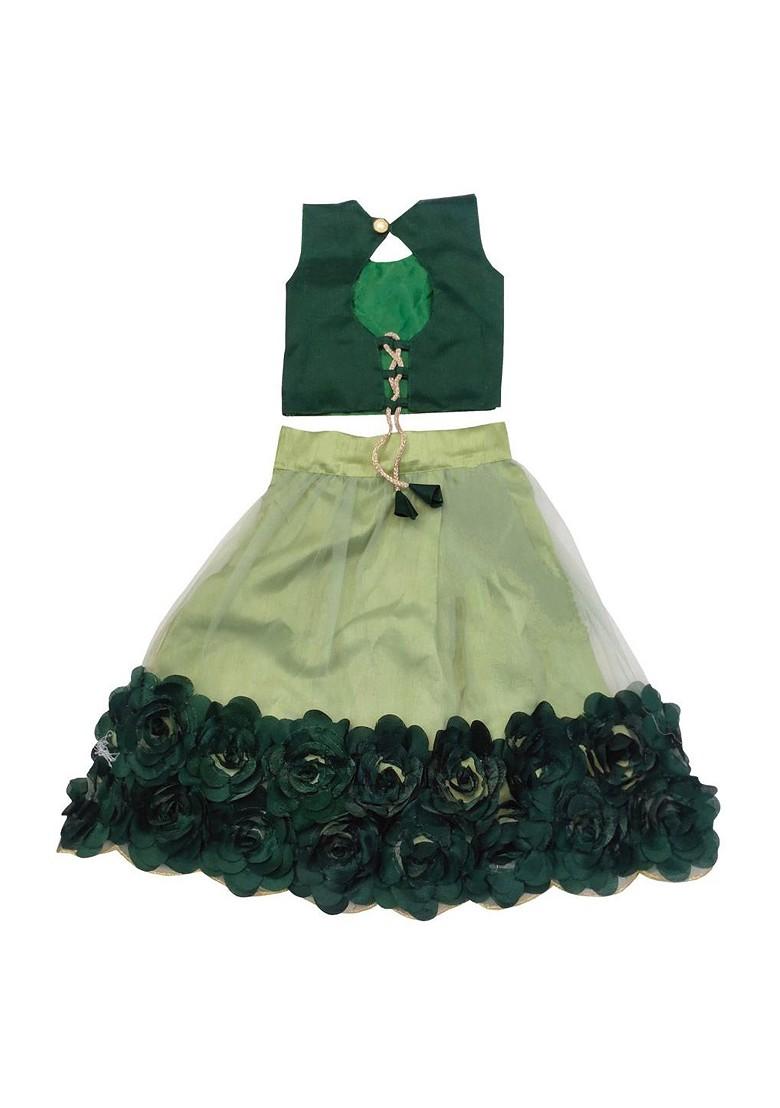 Green Embroidered Net Lehenga Choli For Girls - Indya