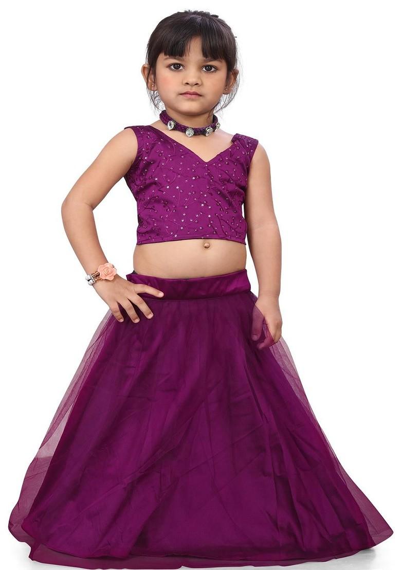 Purple Embroidered Blended Lehenga Choli For Girls - Indya