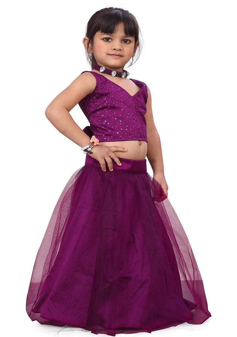 Purple Embroidered Blended Lehenga Choli For Girls - Indya