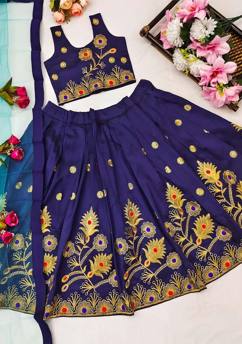 Blue Embroidered Blended Lehenga Choli For Girls - Indya