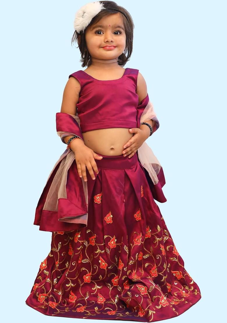 Purple Embroidered Blended Lehenga Choli For Girls - Indya