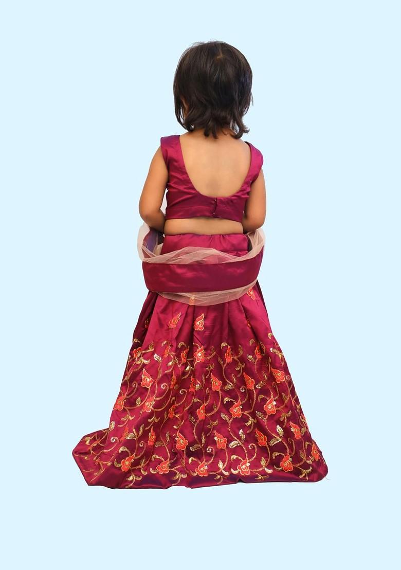 Purple Embroidered Blended Lehenga Choli For Girls - Indya