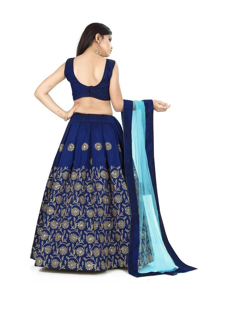 Blue Embroidered Silk Lehenga Choli For Girls - Indya