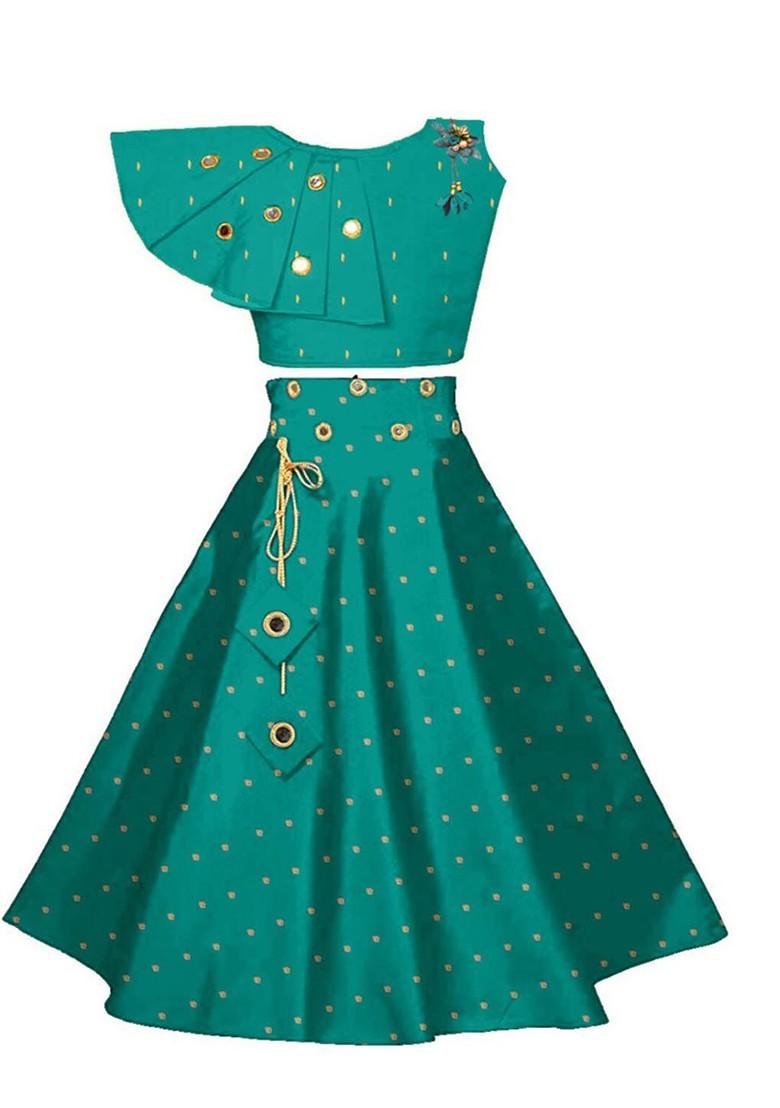 Green Embellished Blended Lehenga Choli For Girls - Indya
