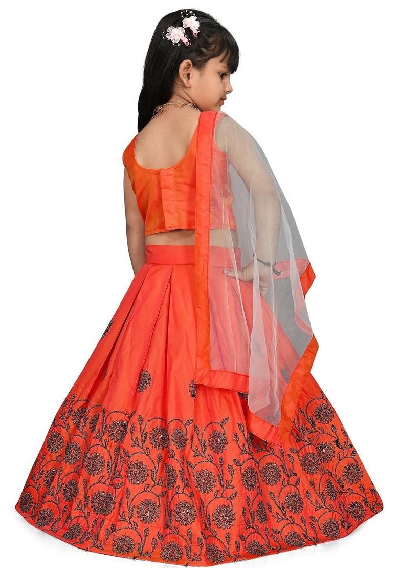 Orange Embroidered Net Lehenga Choli For Girls - Indya