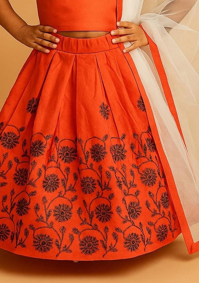 Orange Embroidered Net Lehenga Choli For Girls - Indya