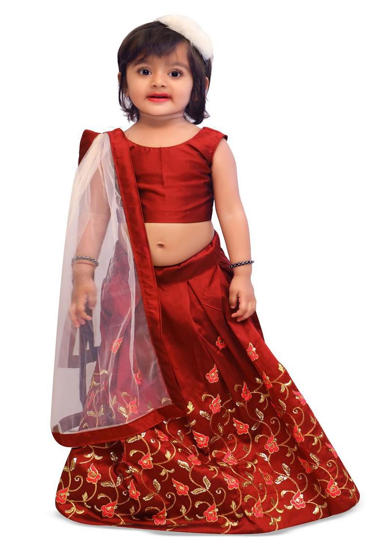 Maroon Embroidered Blended Lehenga Choli For Girls - Indya