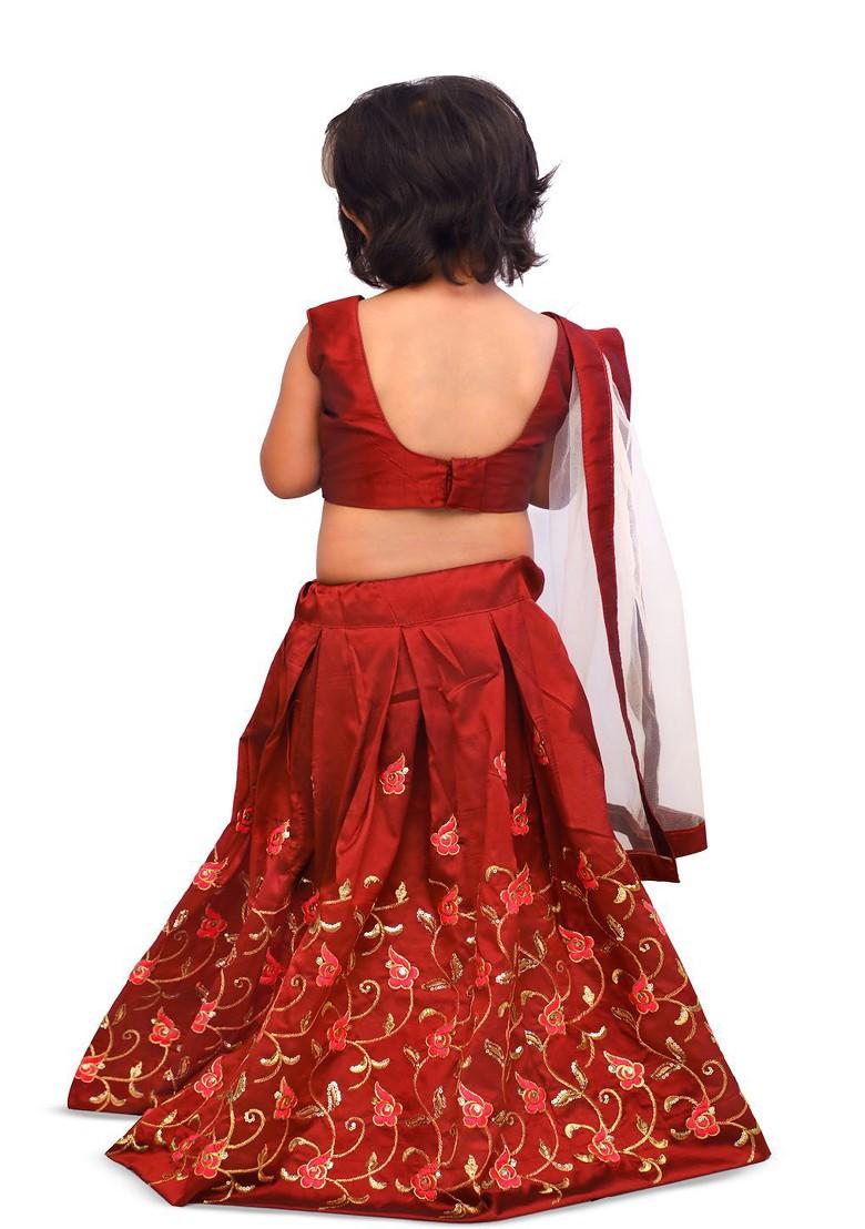 Maroon Embroidered Blended Lehenga Choli For Girls - Indya