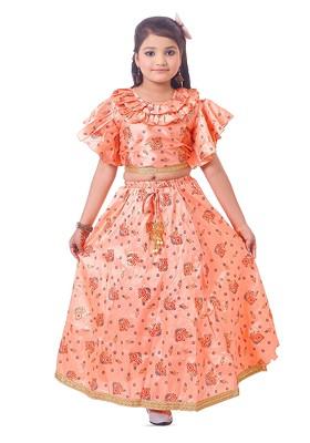 Peach Printed Blended Lehenga Choli For Girls