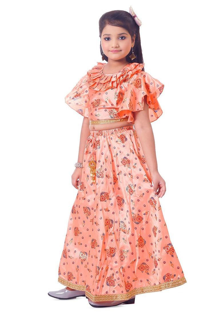 Peach Printed Blended Lehenga Choli For Girls - Indya
