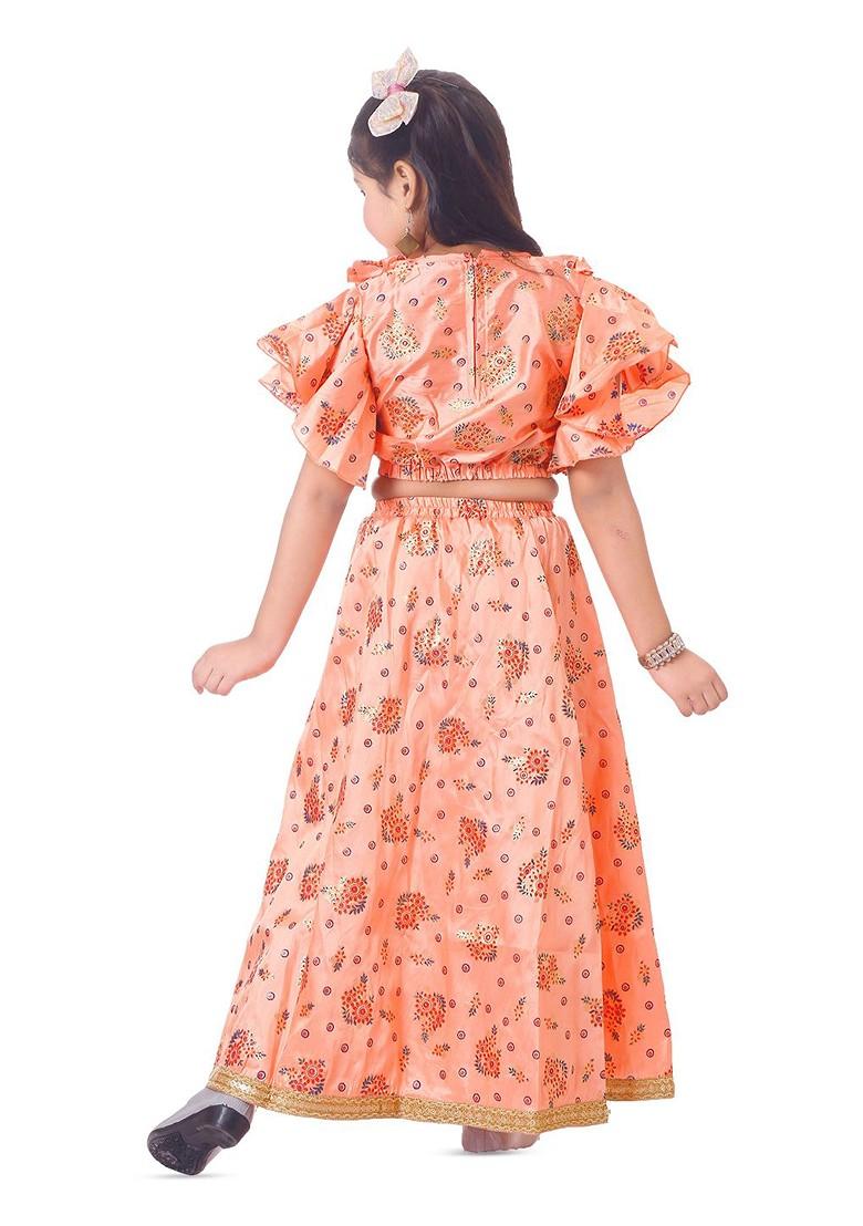 Peach Printed Blended Lehenga Choli For Girls - Indya