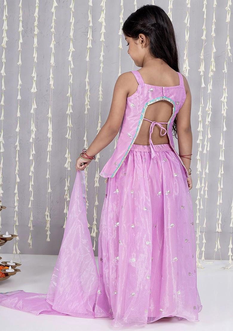 Purple Embroidered Net Lehenga Choli For Girls - Indya