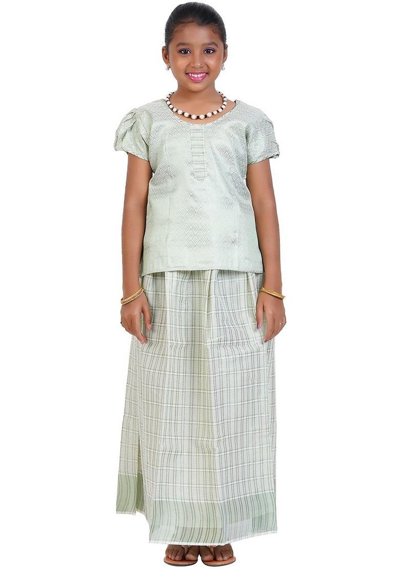 Sea Green Embroidered Blended Lehenga Choli For Girls - Indya