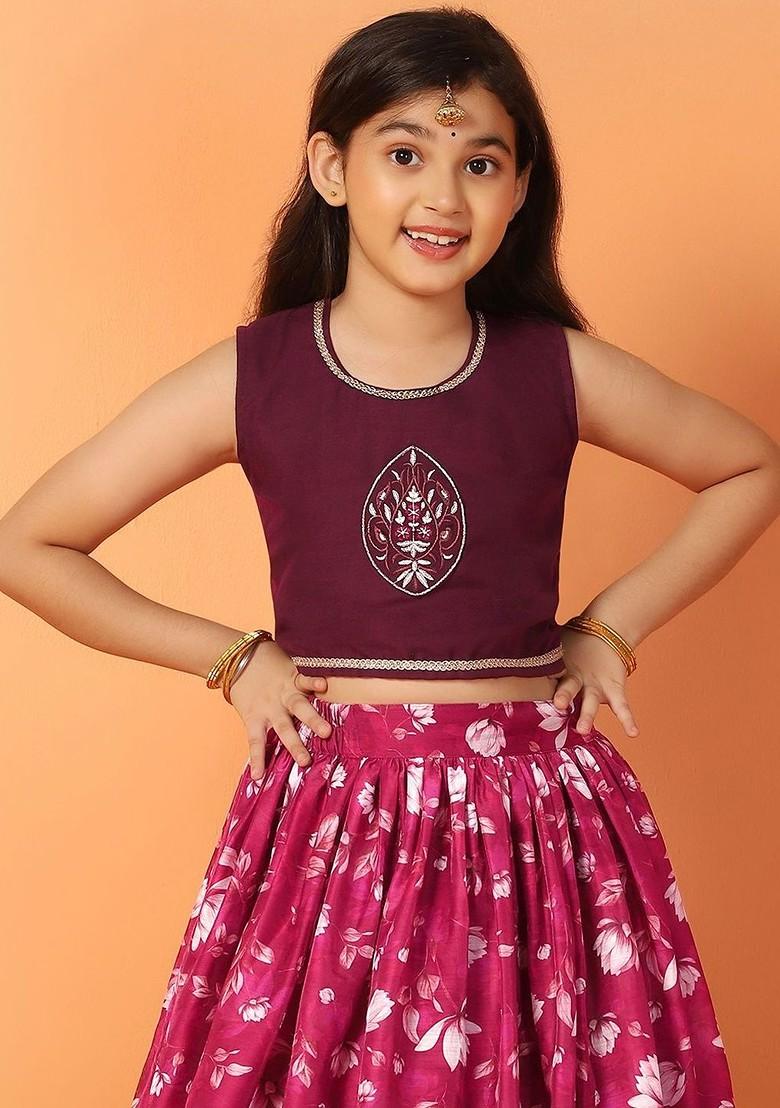 Purple Embroidered Silk Lehenga Choli For Girls - Indya