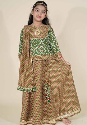 Sea Green Printed Cotton Blend Lehenga Choli For Girls