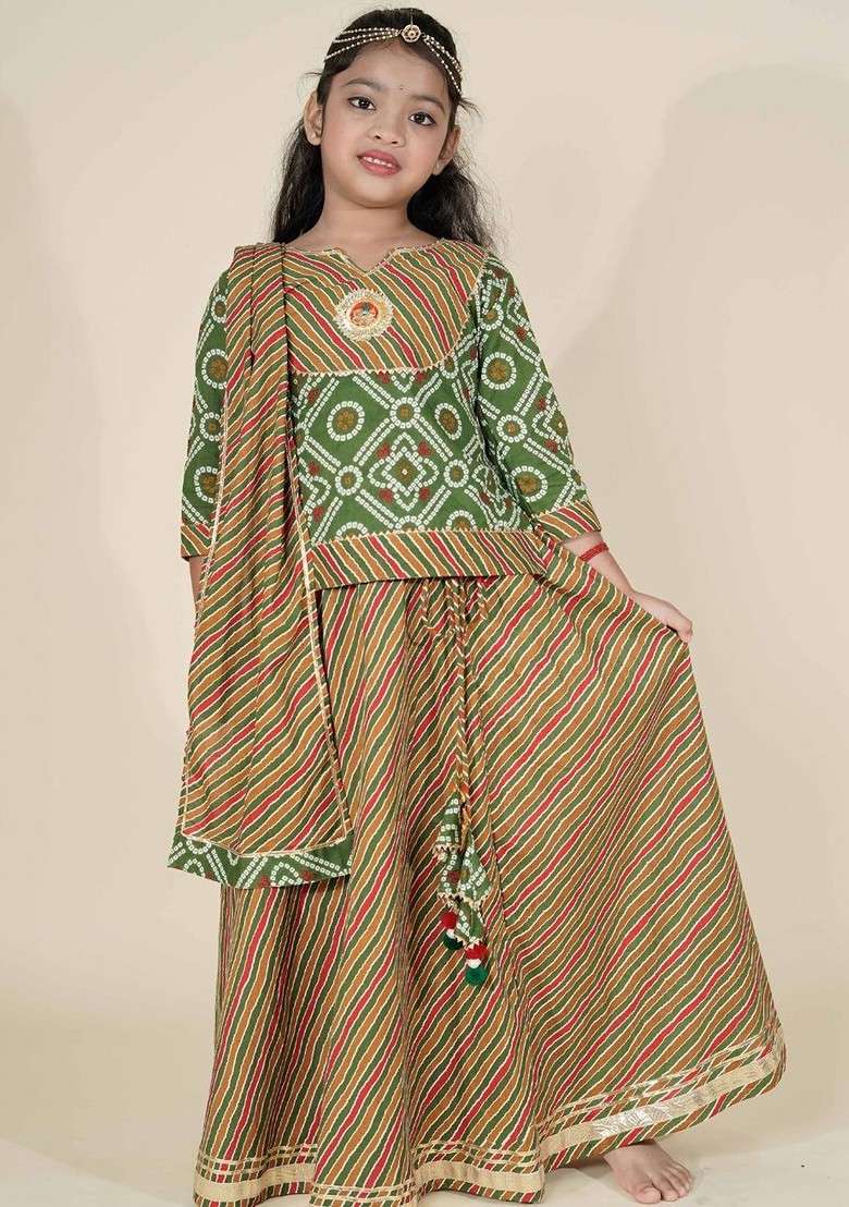 Sea Green Printed Cotton Blend Lehenga Choli For Girls - Indya